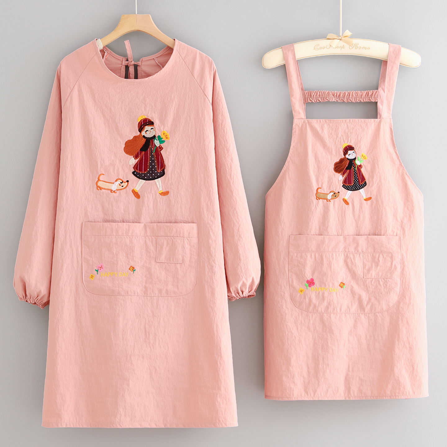 洋气防泼水围裙厨房家用长袖防污透气围裙餐饮工作服反穿罩衣女士