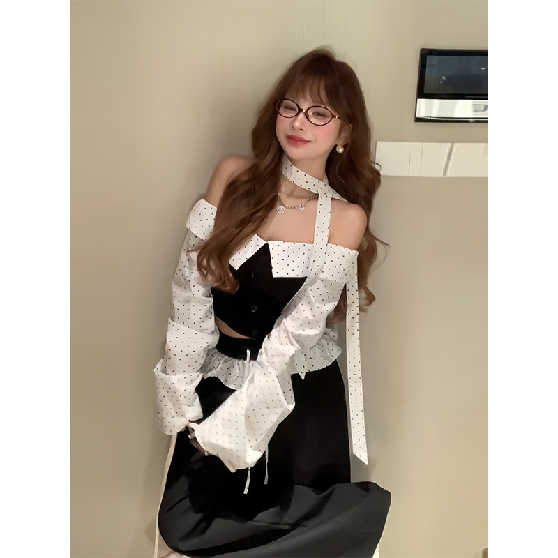 【辣妹穿搭】学院风套装女早秋高级感波点长袖抹胸上衣阔腿裤两件套