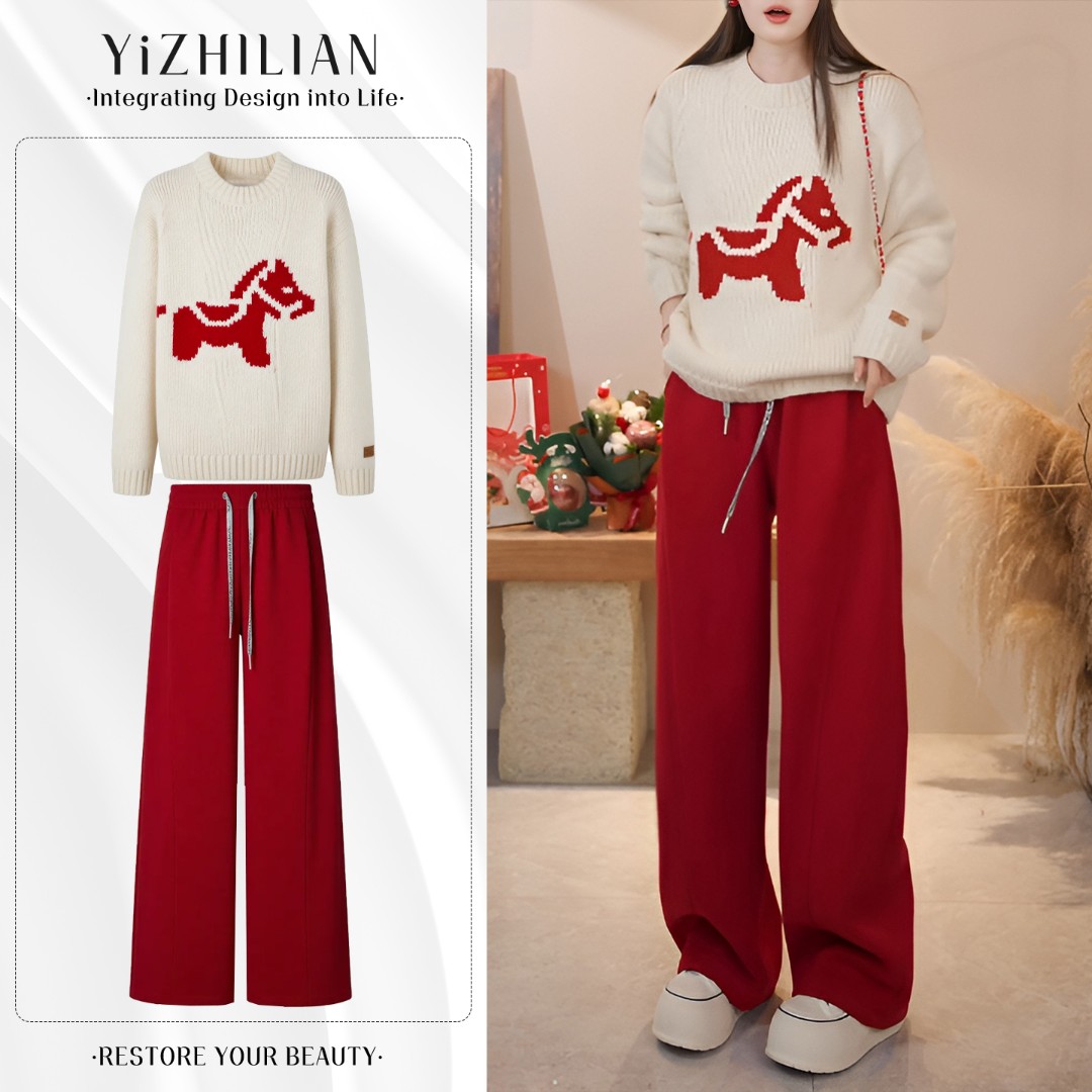 韩系温柔氛围感套装圆领套头针织衫绝美巨好看阔腿裤2025秋冬穿搭