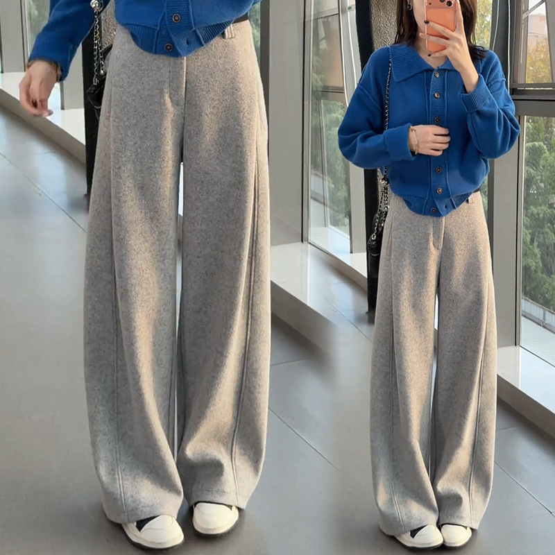 浅灰色羊毛呢弯刀阔腿裤女秋冬季新款高腰显瘦百搭加绒糯米休闲裤