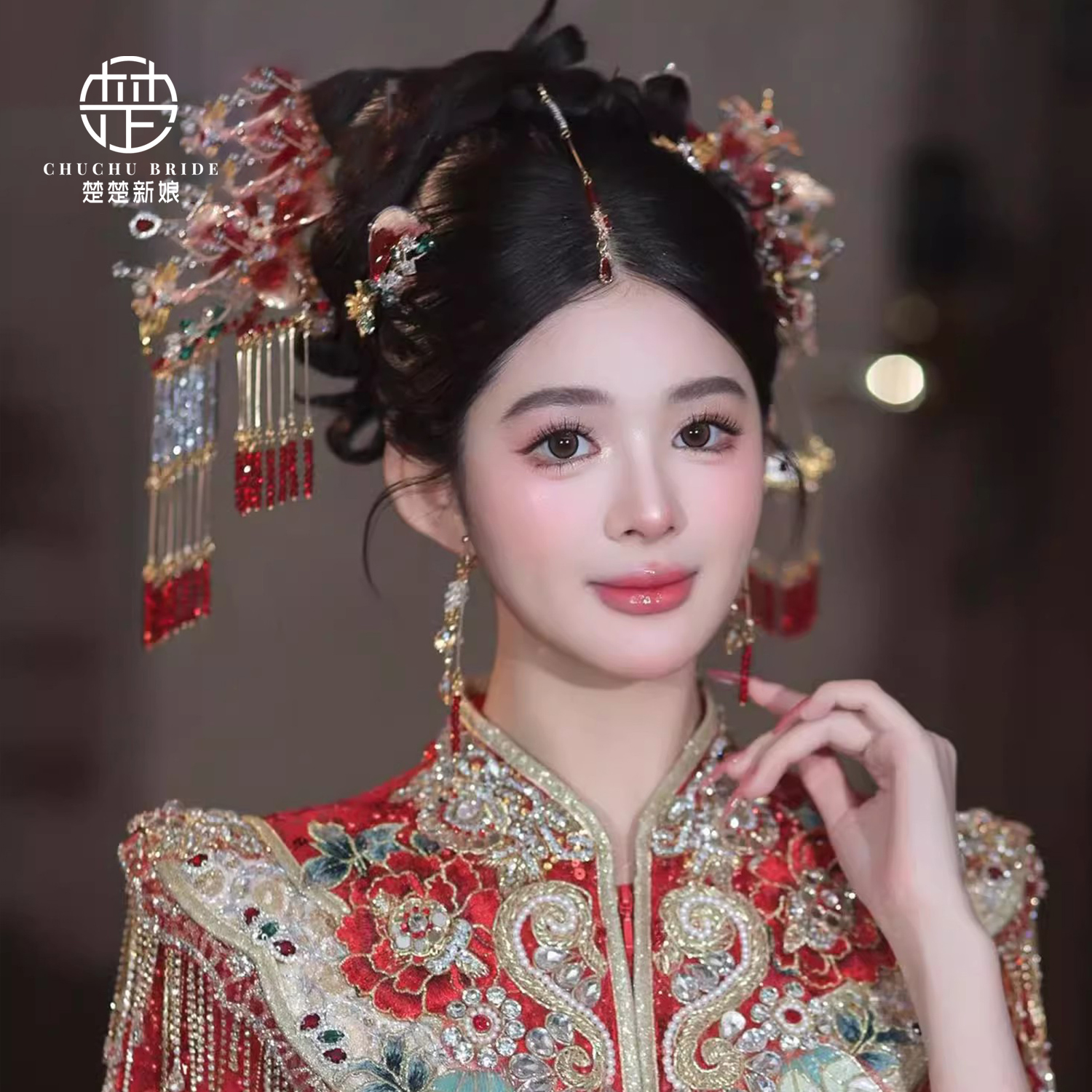 秀禾头饰红色新中式新娘头饰结婚龙凤褂古典流苏发钗步摇发饰精致