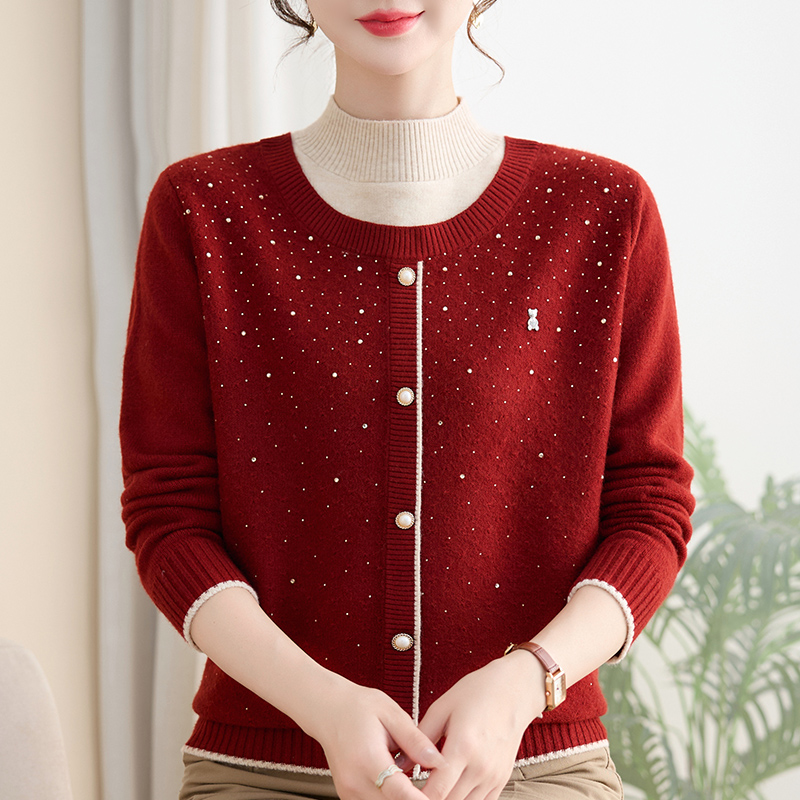 2025假两件针织衫妈妈装秋装加绒毛衣中老年女装洋气上衣#25213