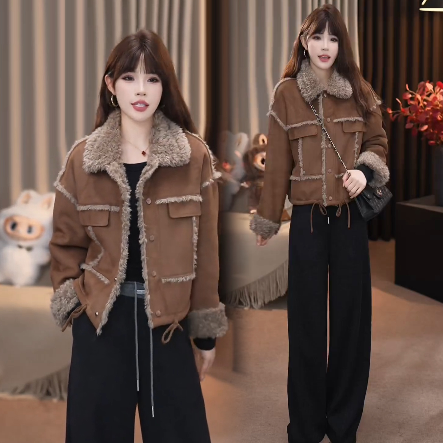 时尚加绒麂皮绒短外套女2025冬季新款羊羔毛翻领皮毛一体夹克上衣