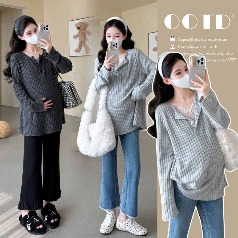 孕妇秋季韩版打底衫蕾丝拼接气质宽松外出卫衣小香风娃娃长袖上衣
