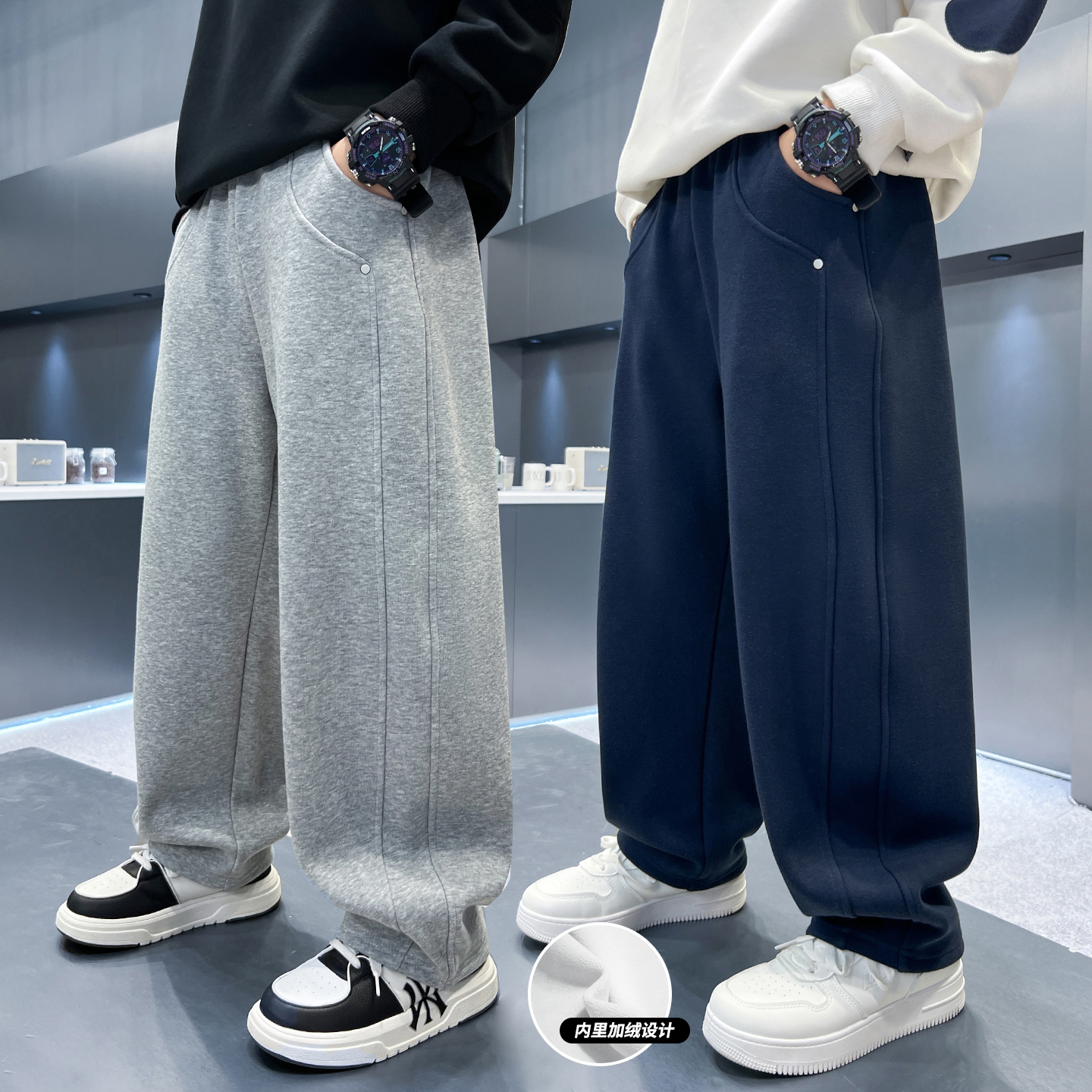 男童裤子一体加绒针织卫裤2025冬季新款冬季男孩时尚运动长裤潮酷