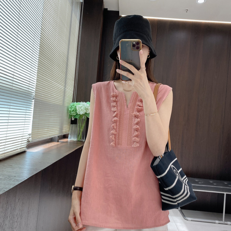 IMFLY金小金自制女装 亚麻小衫DYW9505夏日高级感流苏V领无袖上衣