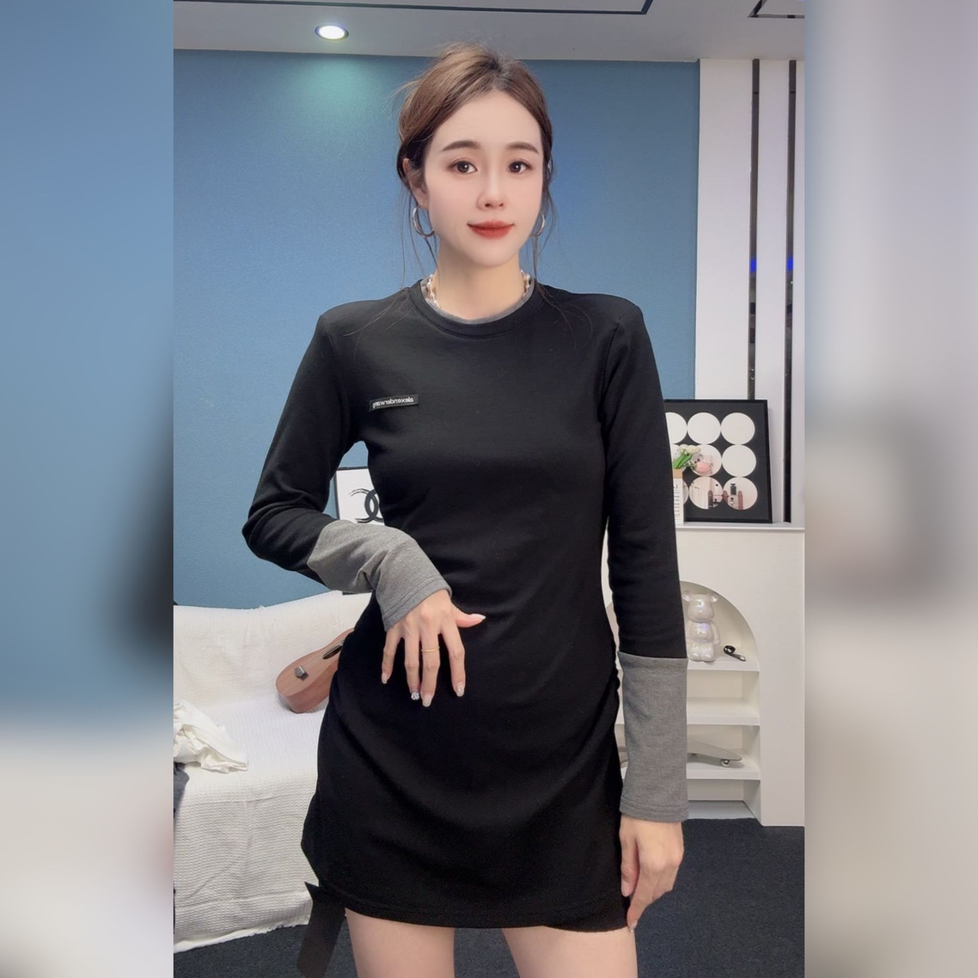 修身百搭黑色T恤裙打底2025秋冬新款长袖洋气显瘦时髦打底衫内搭