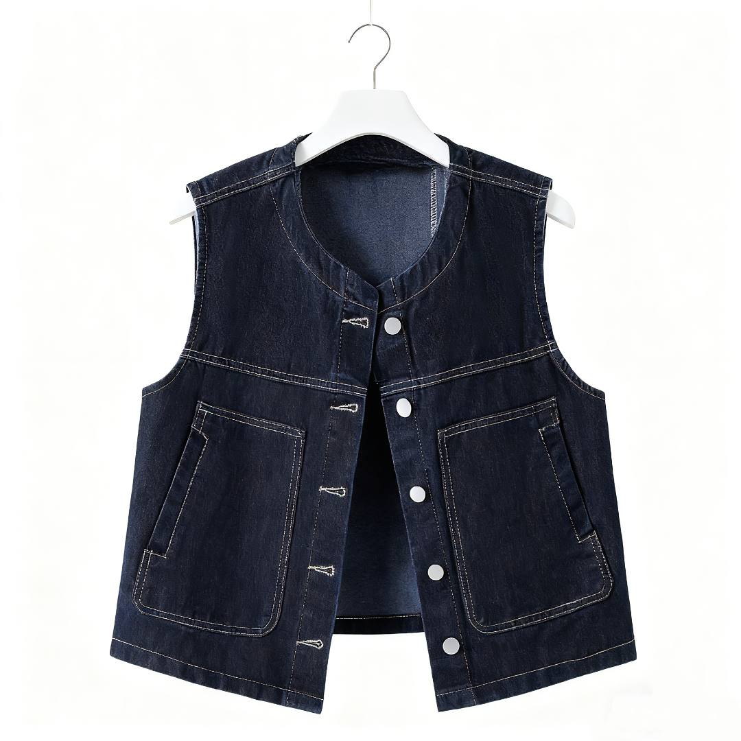 欧货复古圆领深蓝色牛仔马甲背心女2025春秋显瘦休闲坎肩无袖外套