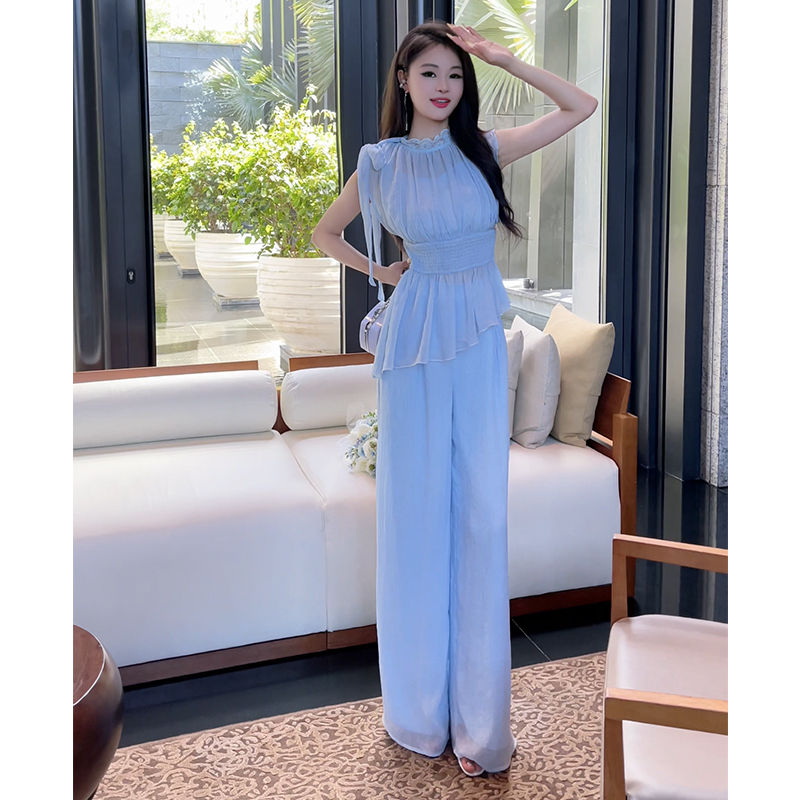 格润雅时尚女神范套装女2025新款夏收腰显瘦上衣高腰阔腿裤两件套