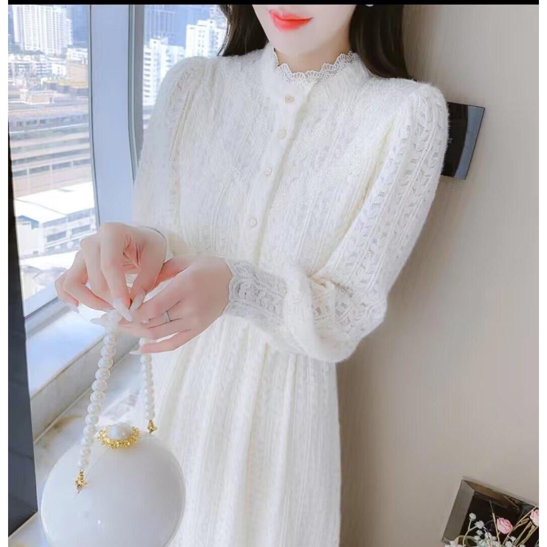 法式温柔风超好看蕾丝长袖连衣裙小个子气质绝美收腰打底中长裙子