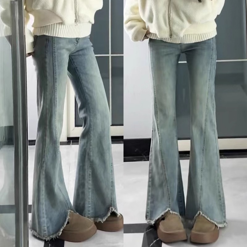 【现货+运费险】大码牛仔裤女毛边微喇高腰秋季窄版胖mm开叉喇叭裤