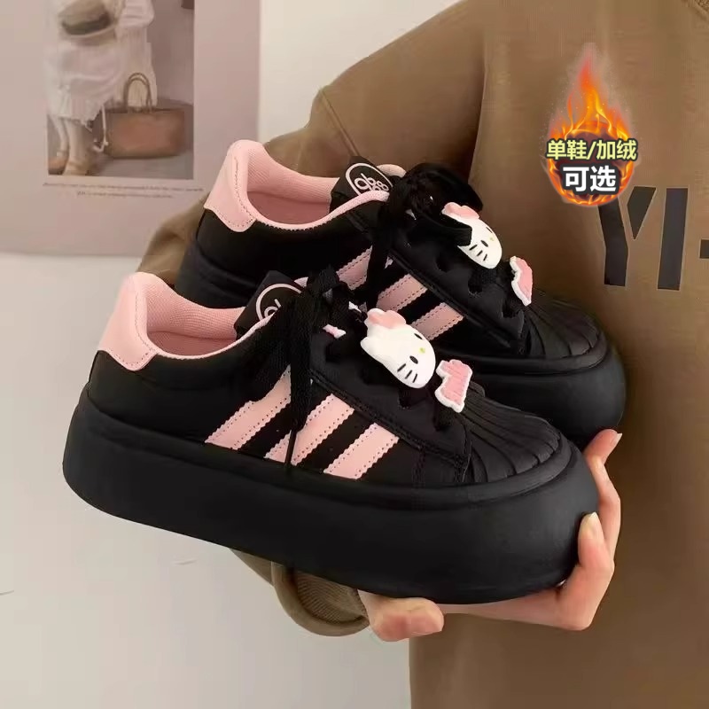 阿童木加绒女童大头小白鞋子厚底增高秋冬季中学生百搭休闲板鞋潮