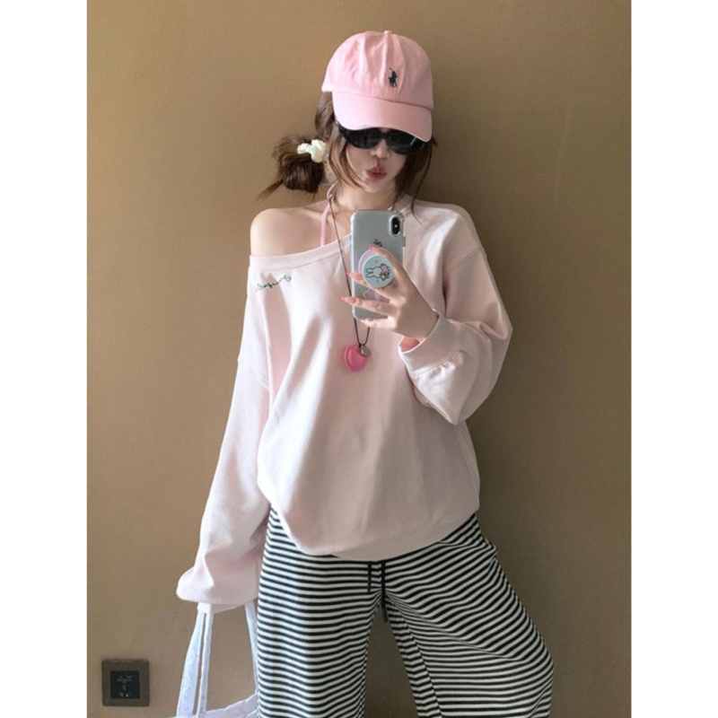 美式复古粉色斜领卫衣女早秋新款甜美独特别致斜肩露肩chic上衣潮