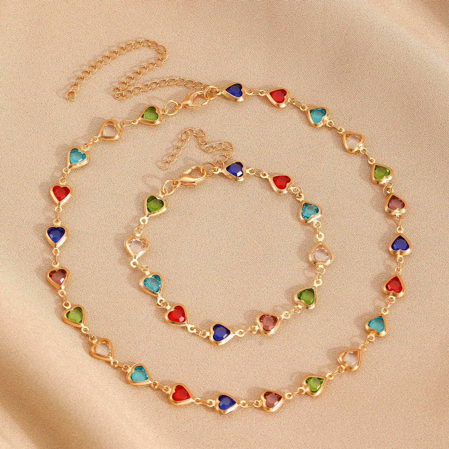 合金合成锆石手链 合金合成锆石手链欧美ins风彩色爱心手链项链
