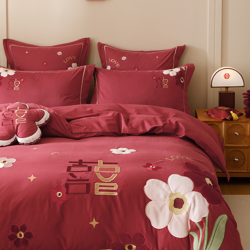 浪漫高级感长绒棉纯棉四件套轻奢新婚床上红色结婚喜被