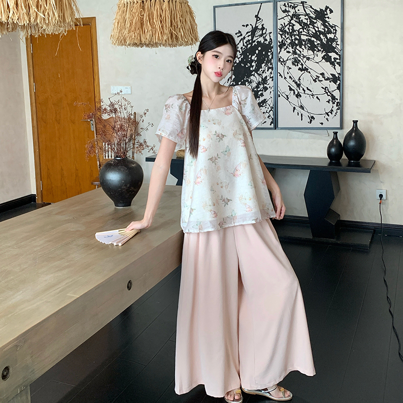 大码胖mm夏新款禅意风粉色蝴蝶短袖上衣高腰山本裤两件套套装5951