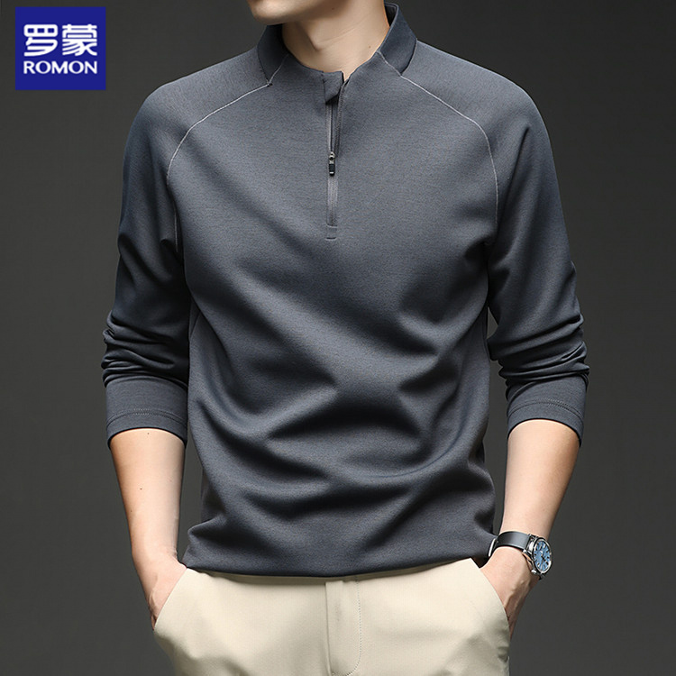 罗蒙春秋季新款男士半高拉链卫衣纯色亨利领T恤打底休闲时尚t恤男