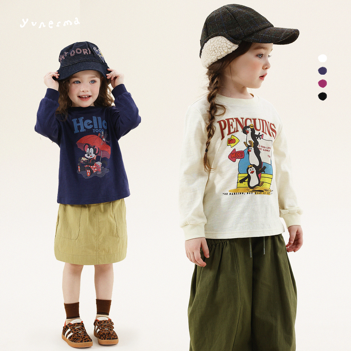 【原创插画师合作款】允儿妈女童秋季美式复古字母卡通长袖T恤潮