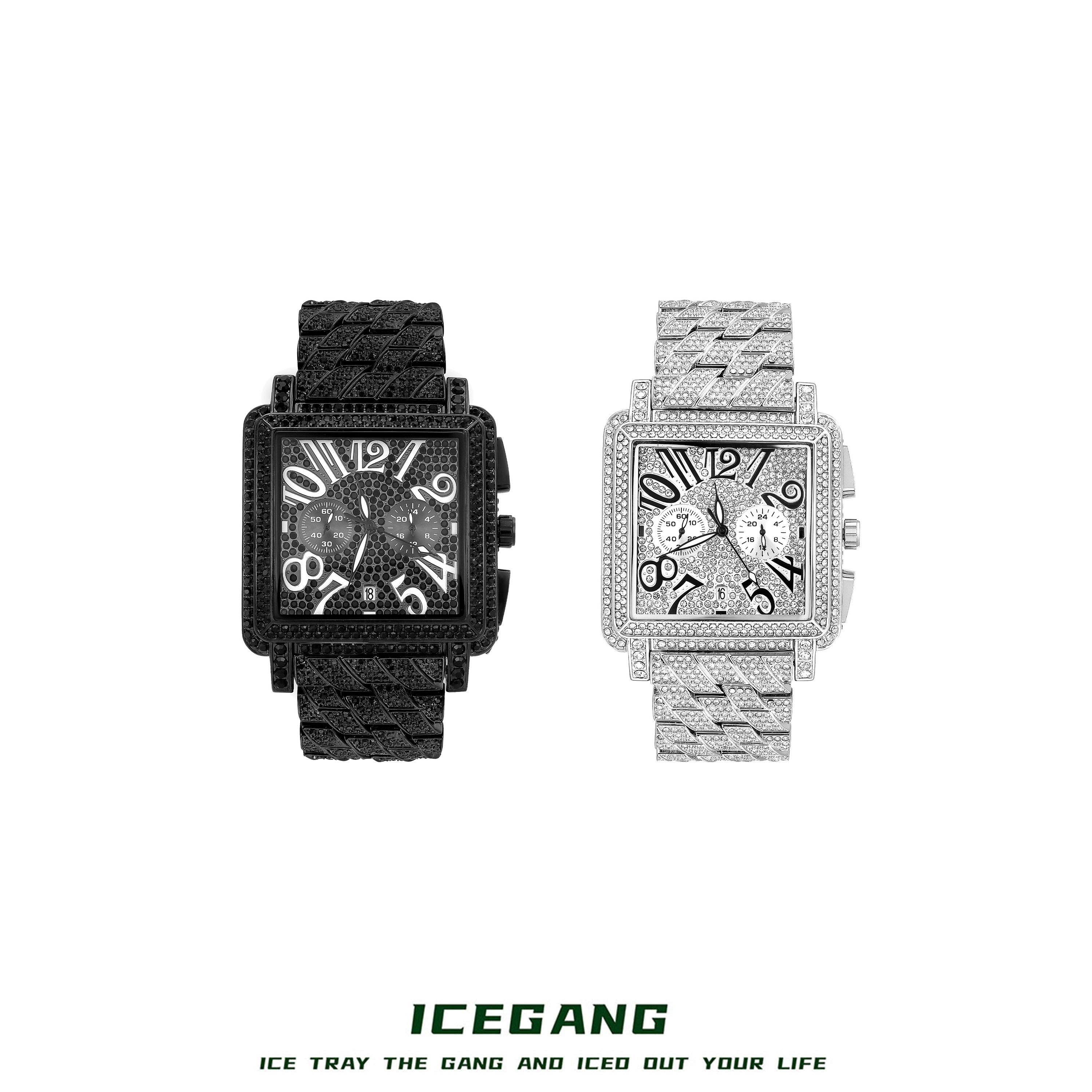 ICEGANG外贸款重工坦克方表满钻桑托斯手表老钱风轻奢满钻腕表