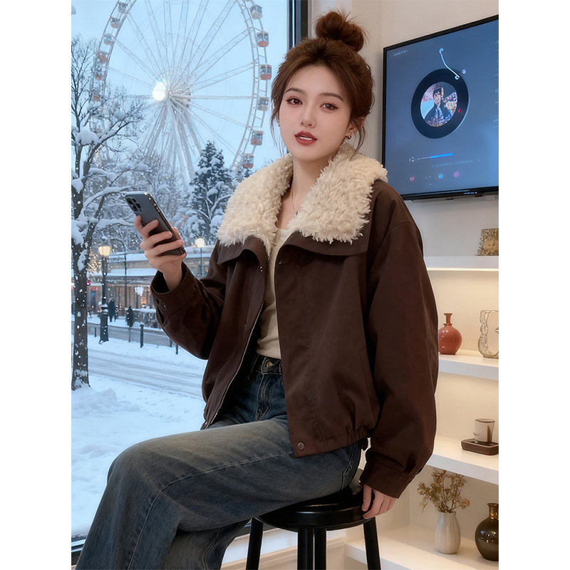 韩版复古拼接翻领加绒加厚短外套女冬2025新款设计感宽松保暖夹克