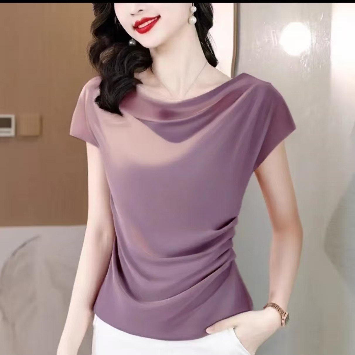 法式褶皱T恤气质名媛淑女百搭短袖夏装气质小众圆领