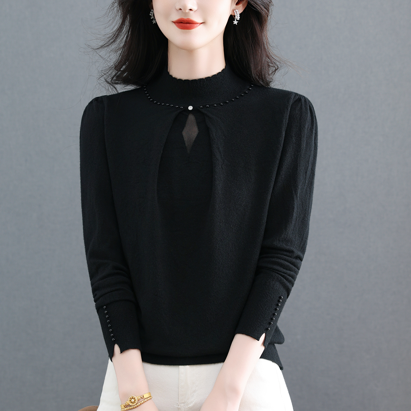 哥弟阿玛施正新款品牌女装2025年秋冬钉珠秋季羊毛针织衫套头打底