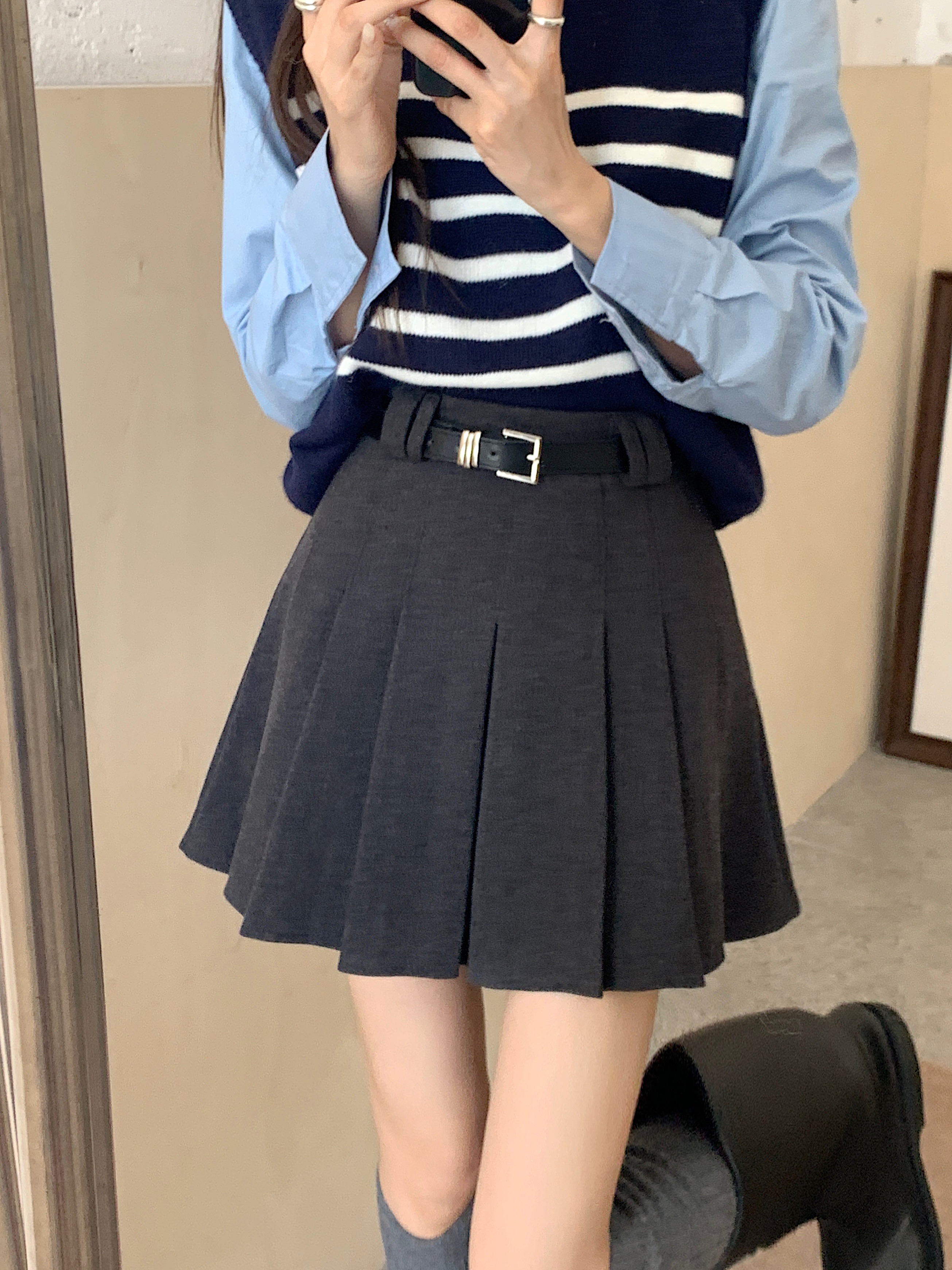 胖mm大码灰色毛呢半身裙百褶裙学院风设计感高腰显瘦a字裙马面裙