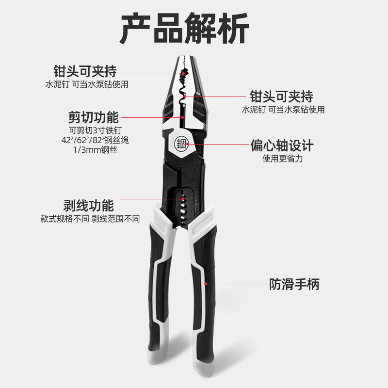 老虎钳家用钢丝钳尖嘴钳电工专用手钳剥线钳压线剪线省力钳高锰钢