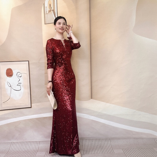 喜妃琳高端礼服0002喜婆婆喜妈妈婚宴装V领钉珠七分袖显瘦鱼尾裙