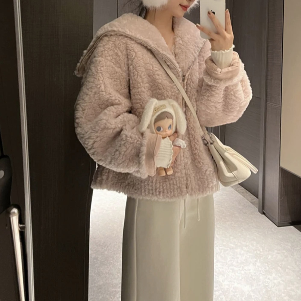 【一件过冬/雪团子+运补】翻领连帽保暖短款拉链羊羔绒冬季女W1028
