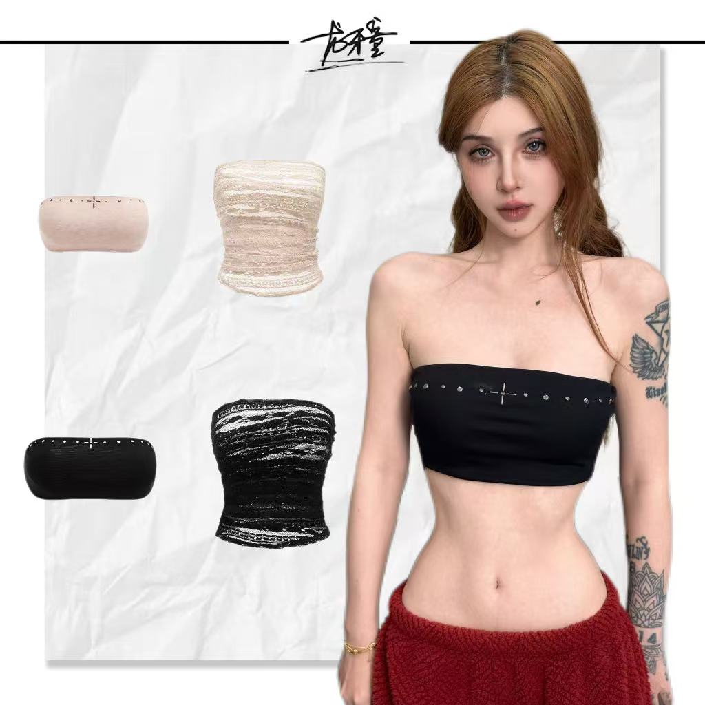 龙牙童推荐【铆钉两件套】蕾丝夏季美背抹胸时尚百搭性感无肩带露肩