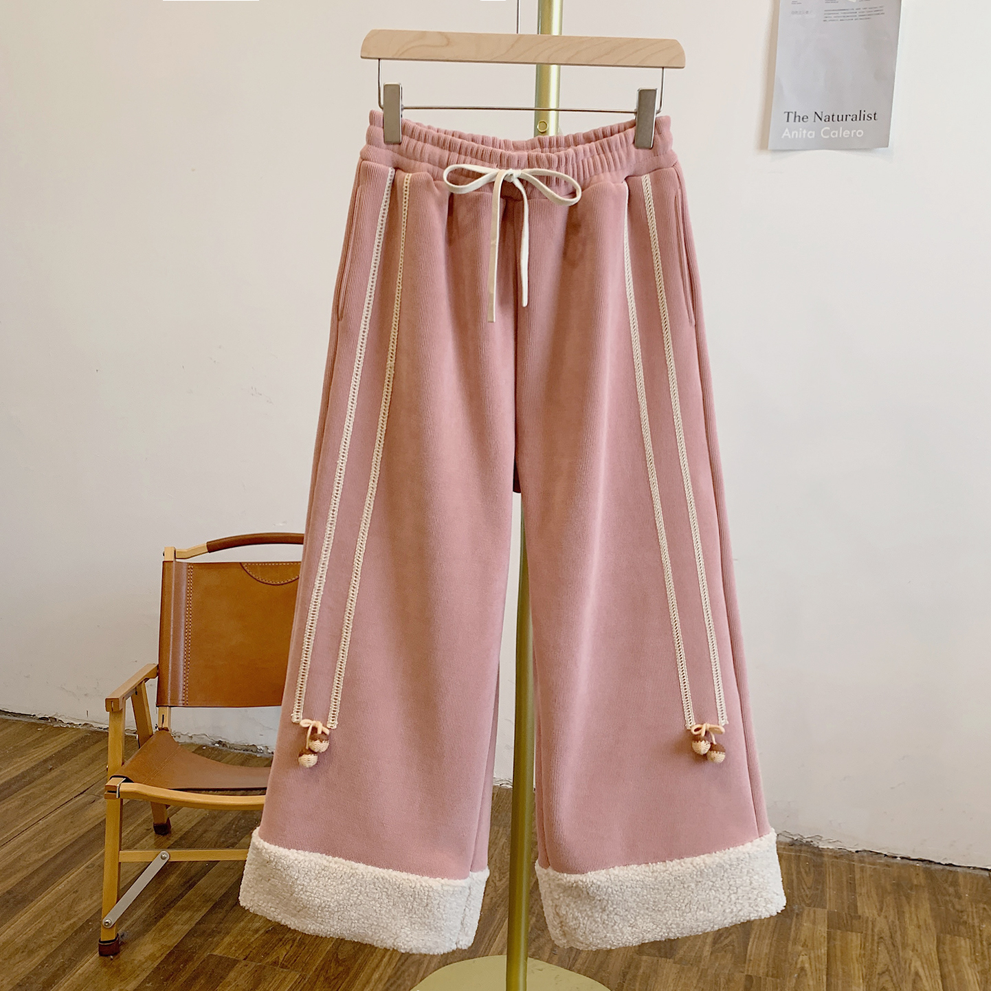 松果裤-粉C5283加绒毛绒拼接蕾丝贴布蝴蝶结松紧腰系带阔腿裤