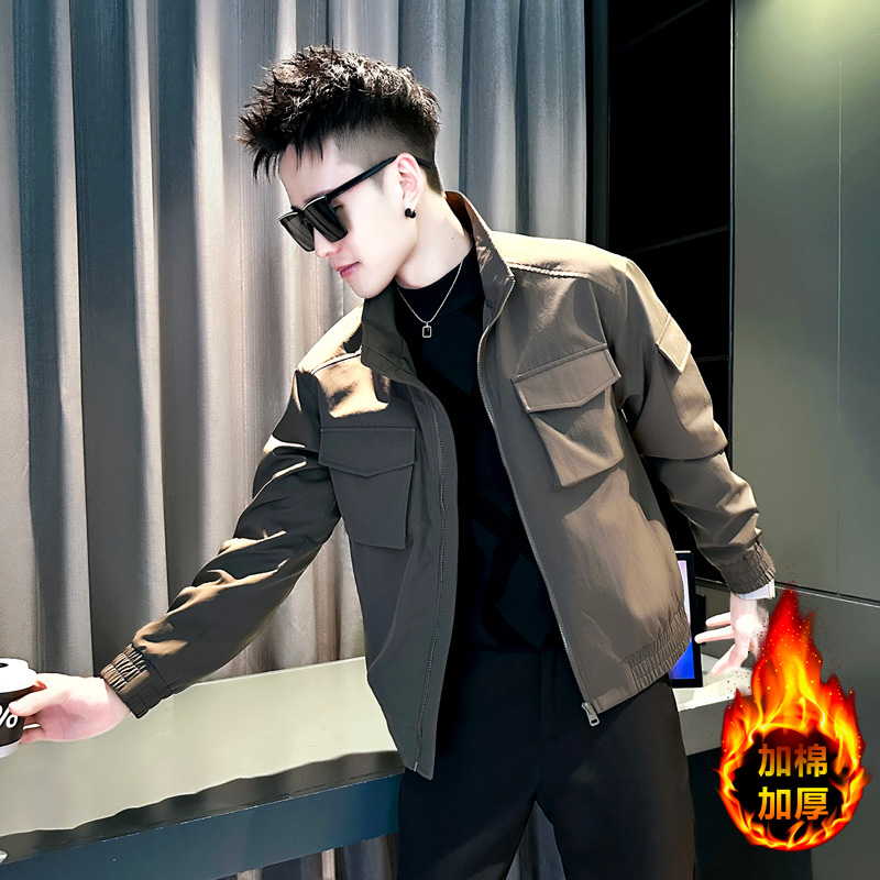 男士设计感工装加棉夹克潮流休闲百搭秋冬季新款加厚翻领外套褂子