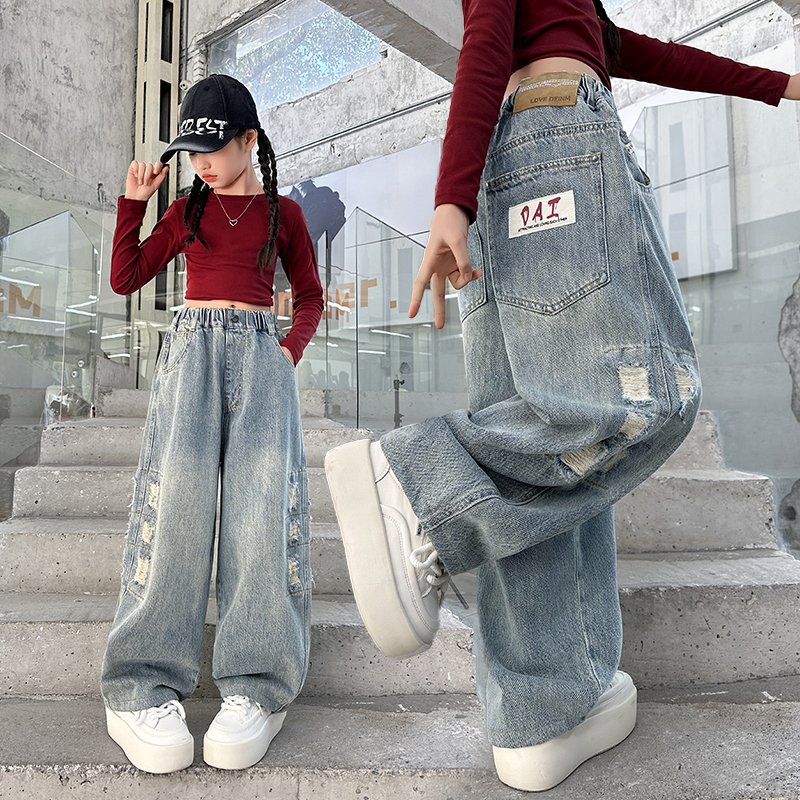 女童破洞牛仔裤2025春秋装新款儿童潮酷休闲弯刀裤大童学生阔腿裤