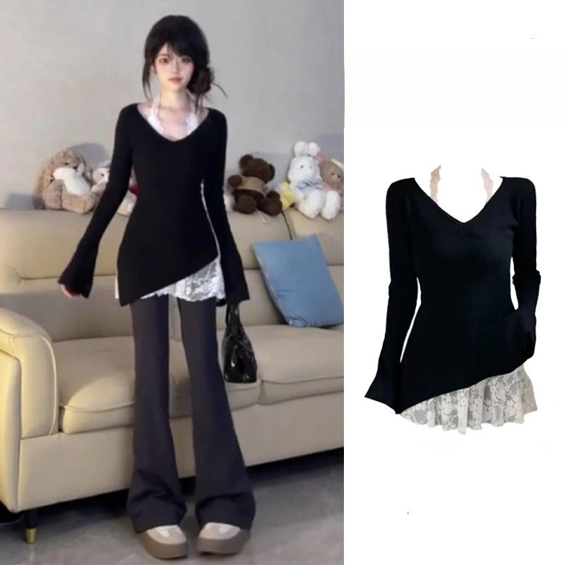 套装女2025秋季纯欲风甜妹长袖黑色不对称长袖+叠穿挂脖蕾丝背心