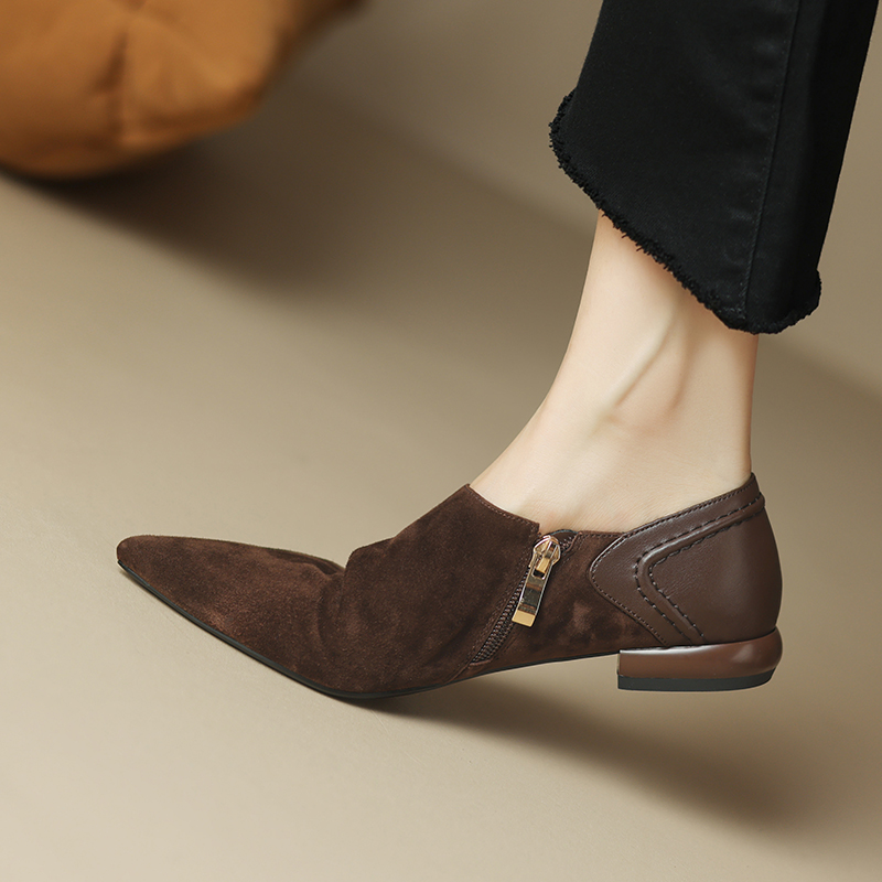 头层真皮断码清仓四季平底鞋子女尖头深口磨砂反绒单鞋女侧拉链鞋