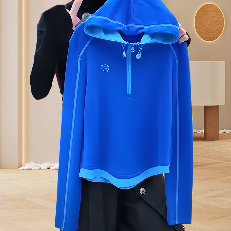 小个子假两件拼接蓝色连帽卫衣女2025秋冬款时尚气质显瘦拉链上衣