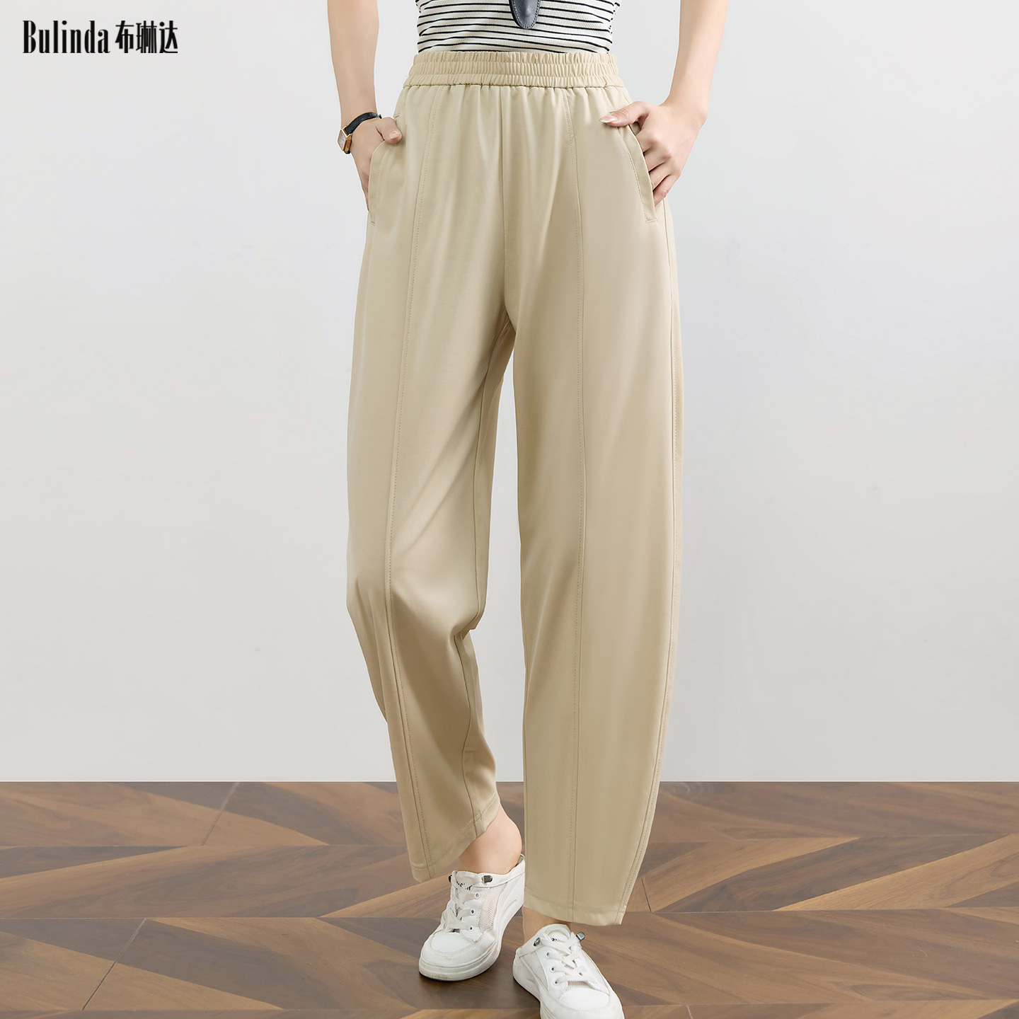 布琳达卡其色窄版阔腿香蕉裤女2025夏薄款九分弯刀裤子休闲镰刀裤