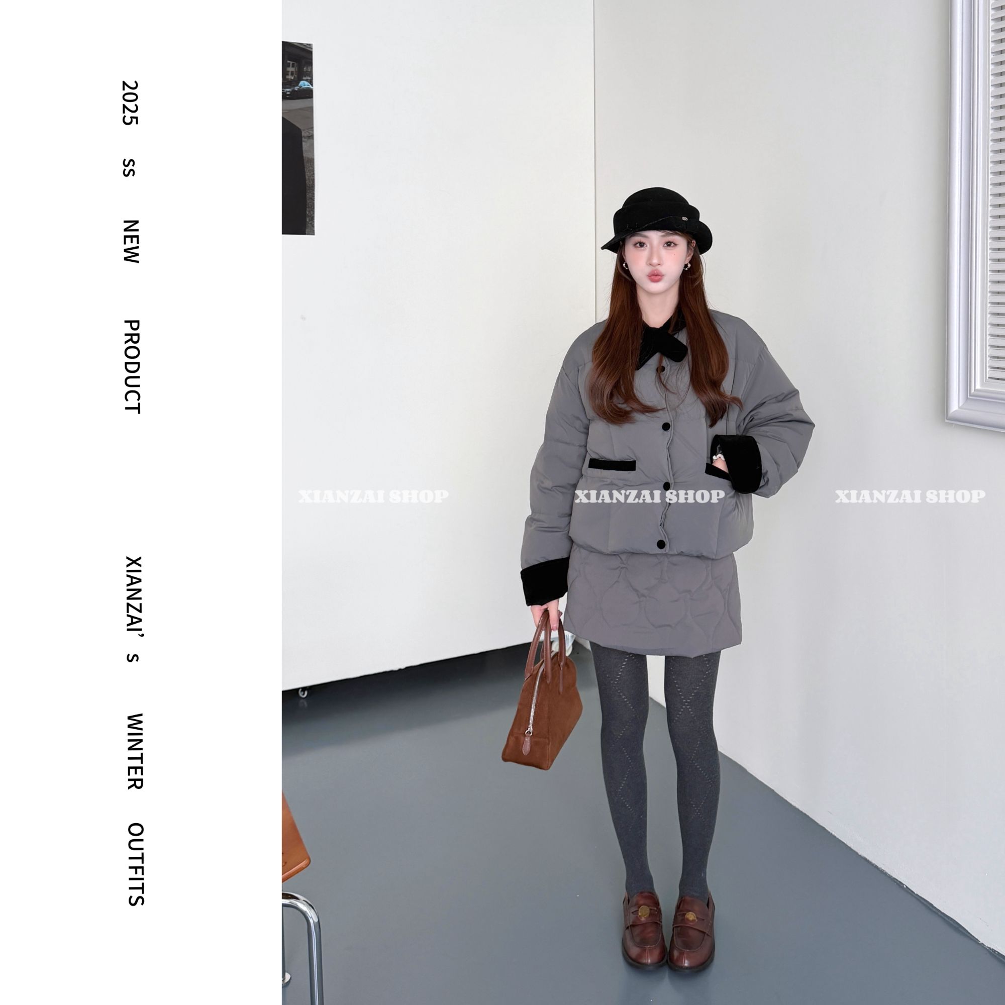 XIANZAI【岛屿泡泡】冬季新款韩版撞色拼接羽绒服外套短裙两件套装