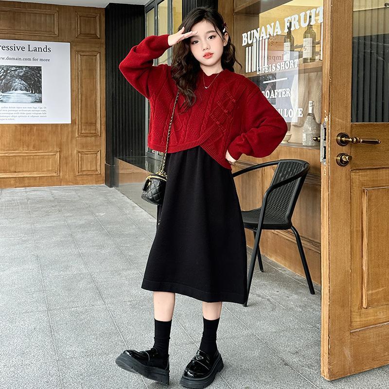 女童冬季连衣裙套装2025新款女大童中国红毛衣背心裙两件套拜年服