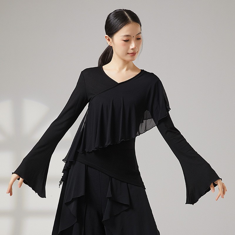 舞蹈服广场舞蹈服莫代尔拼纱上衣飘逸练功服体操形体服古典舞舞服