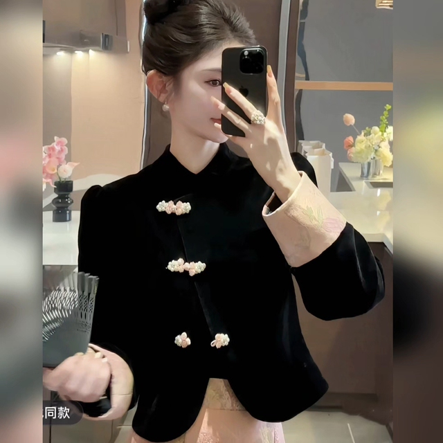 秋冬新款气质一整套新中式国风丝绒短外套上衣包臀裙时尚气质套装