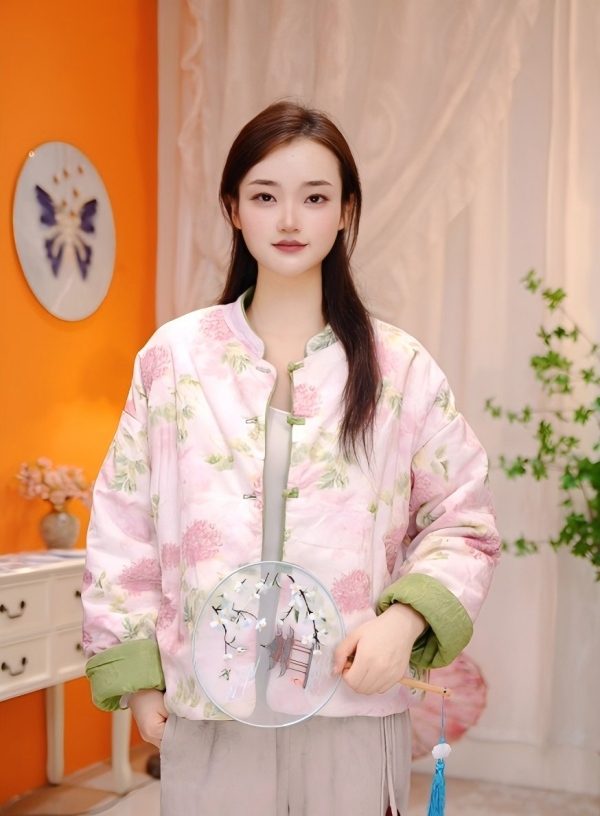 2025冬季新中式棉麻新款国风花色棉服小外套女棉衣