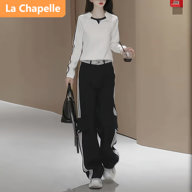 拉夏贝尔高级感时髦休闲时尚套装设计感气质白色上衣阔腿裤两件套