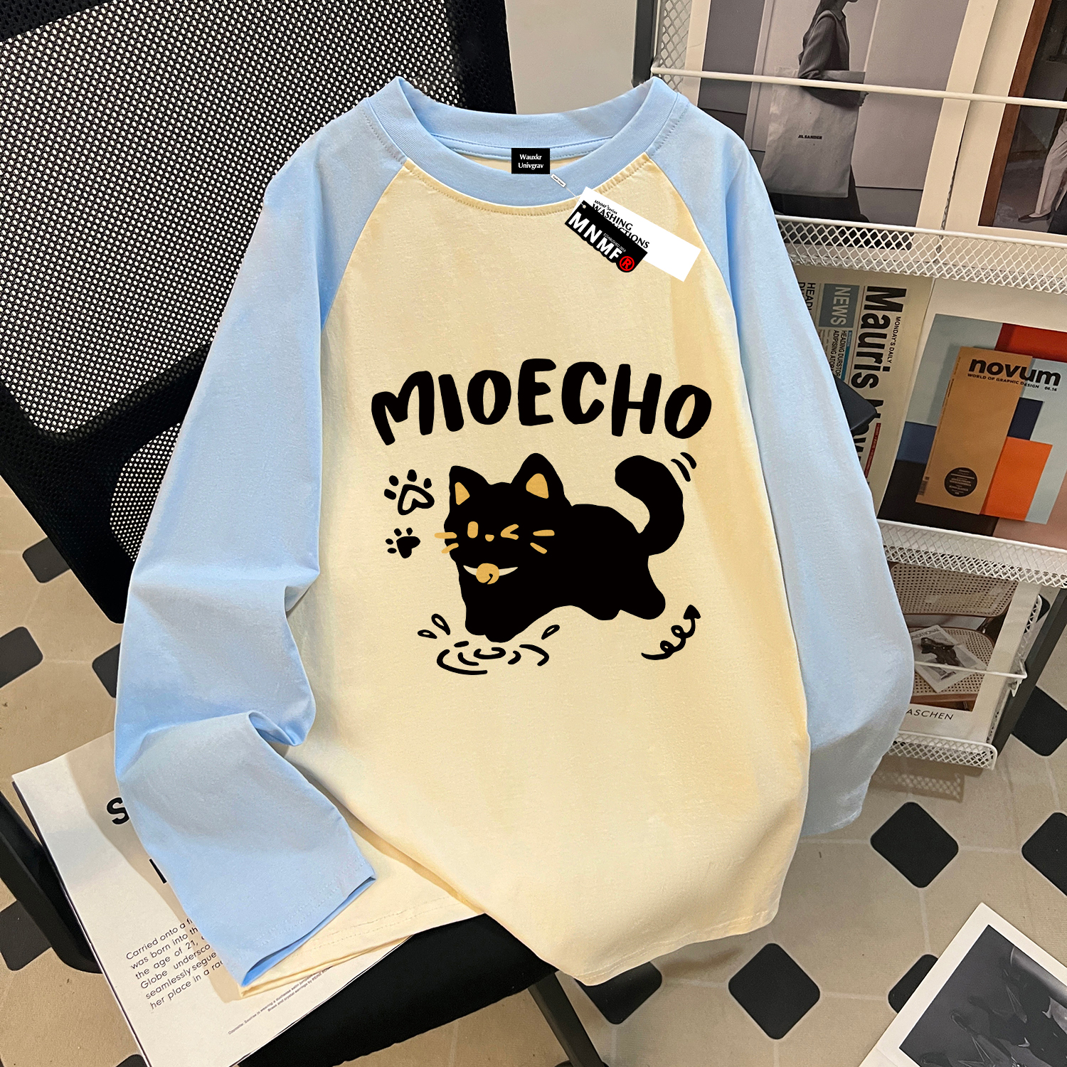 早秋新款女童插肩长袖t恤卡通ins黑色小猫印花洋气潮牌中大童上衣