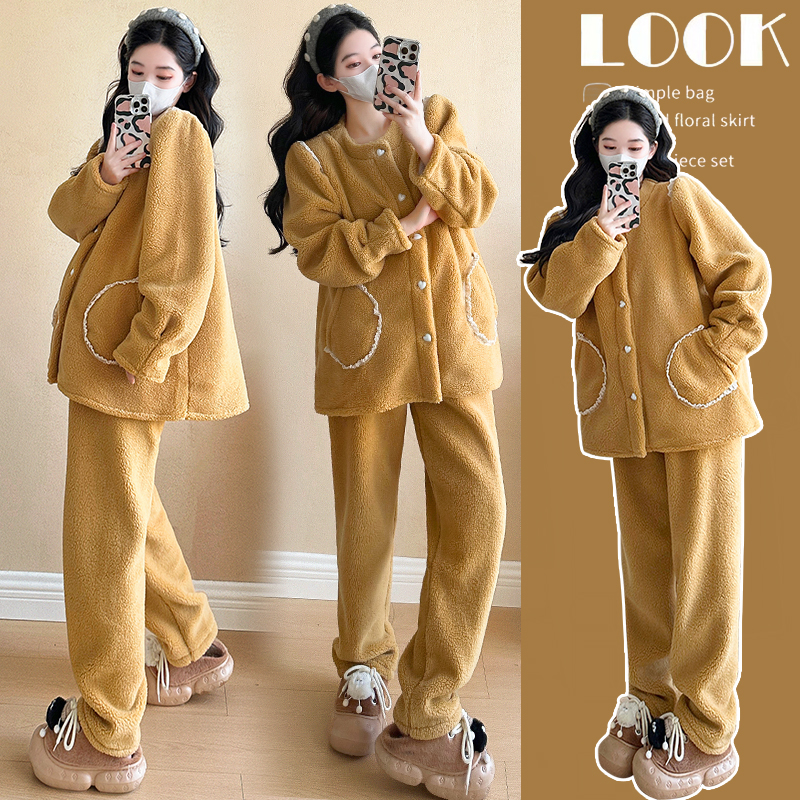 孕妇套装秋冬款2025新款外穿保暖羊羔绒睡衣冬季加绒加厚家居服