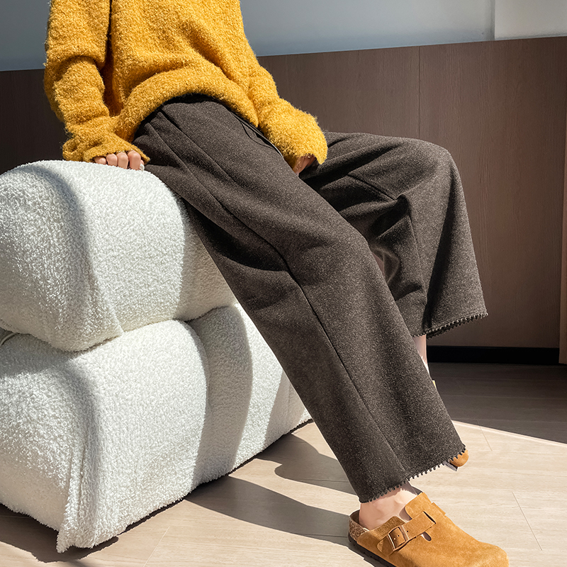 毛呢弯刀裤女秋冬2025新款小个子直筒咖色镰刀宽松棕色阔腿哈伦裤