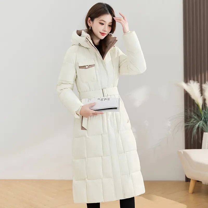 新款气质冬季女装过膝长款加厚外套一件过冬品质修身腰带棉服连帽