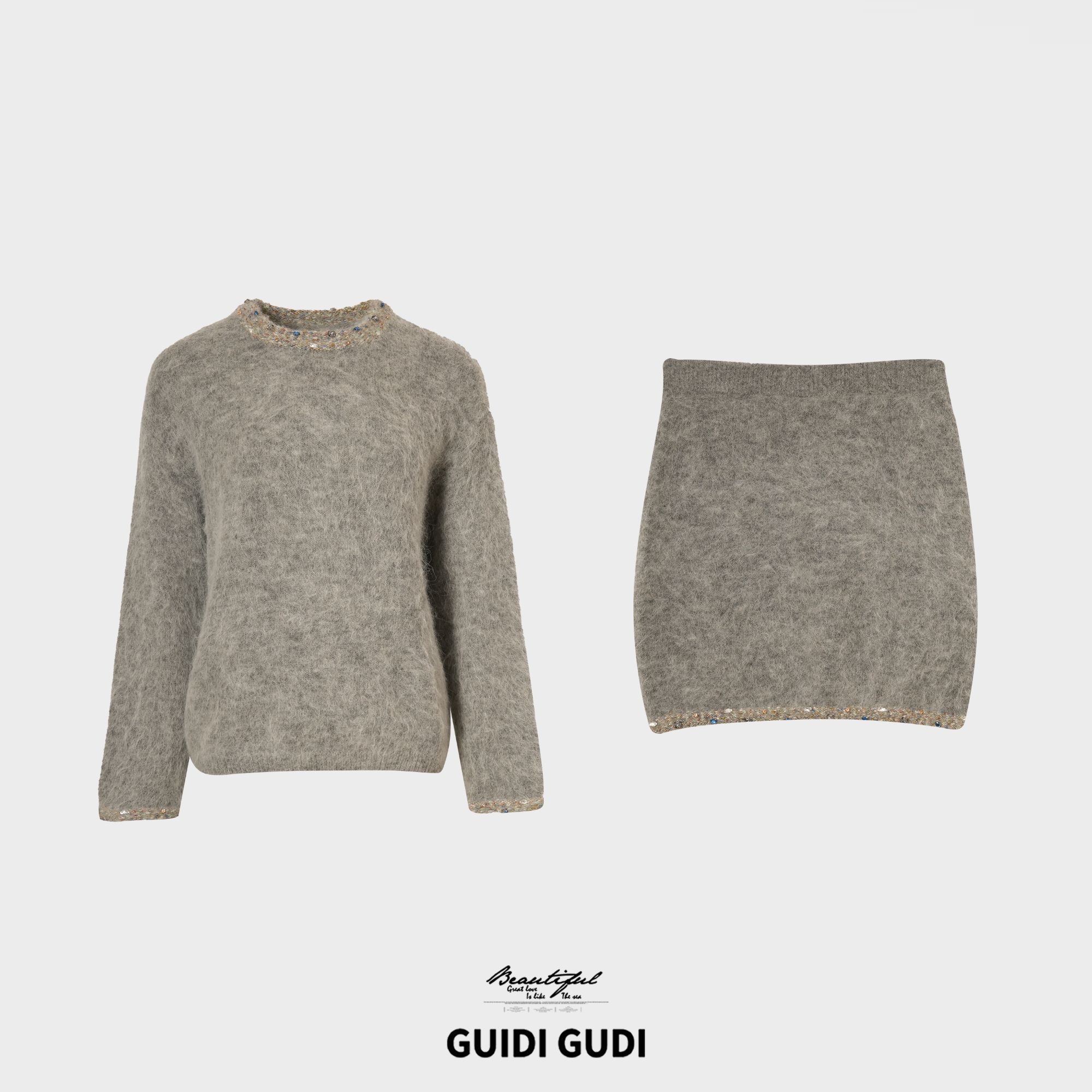 GUIDI GUDI【薄蓝雾色】高级韩系时尚两件套套装/黄加蓝