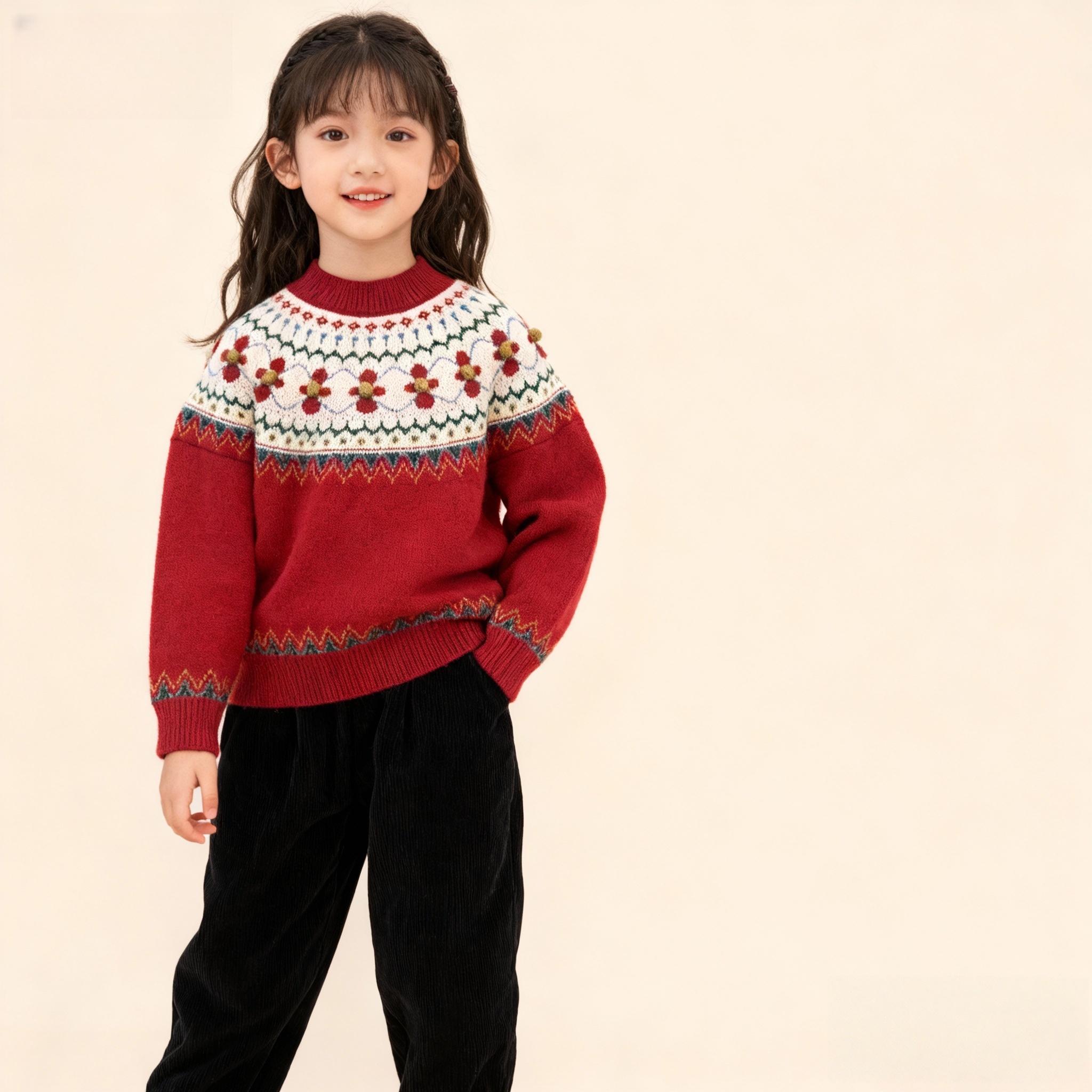 女童红色喜庆毛衣秋冬装2026新款儿童圆领针织衫女大童毛衣